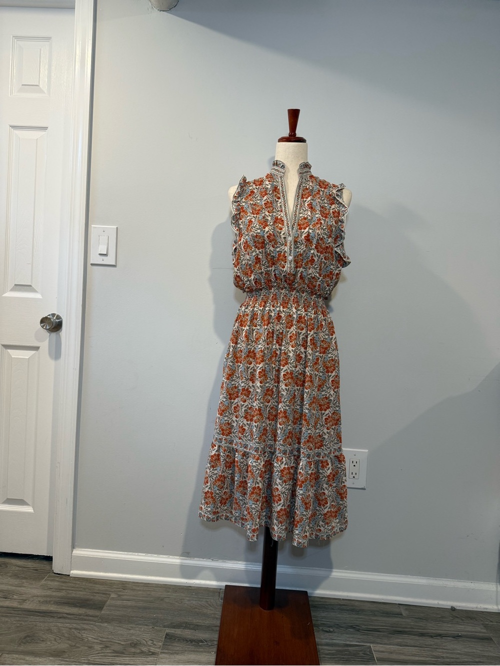 Max Studio Rust and Cream Floral Ruffle Midi Dress